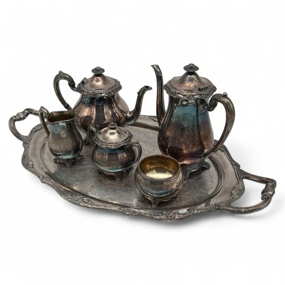 Vintage 1881 Rogers Glenrose 6 Pc Silverplate Tea Set W Tray - Picture 1 of 14